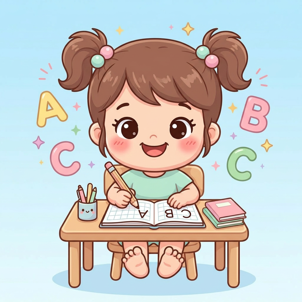 Menina escrevendo letras do alfabeto com o Método Primeiras Letras