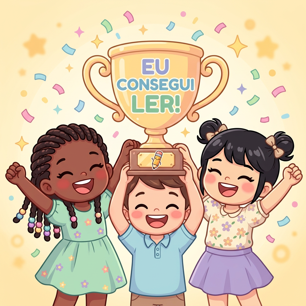 Crianças comemorando após aprenderem a ler com Método Primeiras Letras